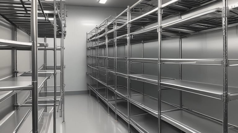 Heavy-duty steel racks loaded with organized coldroom goods.