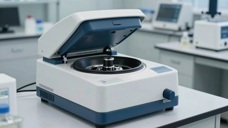 Professional benchtop laboratory centrifuge with a closed lid, finished in white and dark blue, sitting on a clean clinical worktop in an international research center.