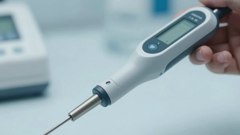 Close-up of a high-tech electronic pipette being used with precision, showcasing its ergonomic design and digital interface in a light blue clinical setting.