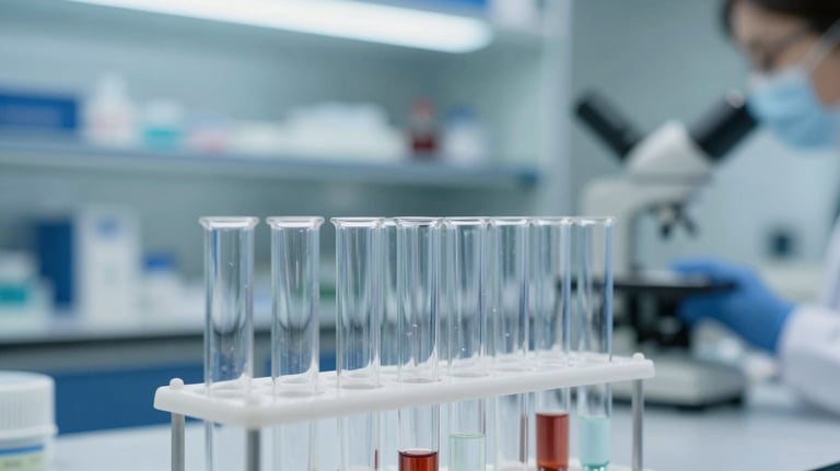 Rows of sterile laboratory test tubes held in a professional rack, with soft focus on a background of medium blue lab equipment in a modern North American facility.