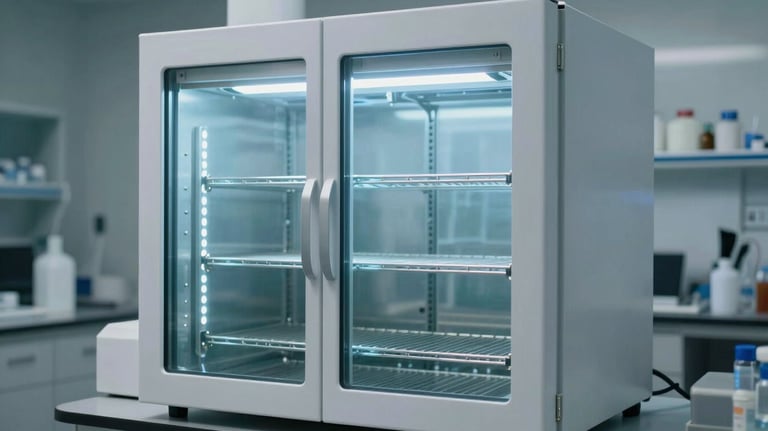 A sophisticated digital lab incubator with a clean glass door and internal shelving, illuminated by cool light blue LEDs in a sterile North American laboratory environment.