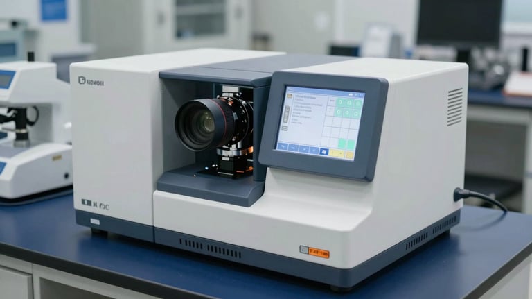 A high-precision spectrophotometer with a digital readout screen, placed on a dark blue anti-static lab mat in a professional North American science lab.