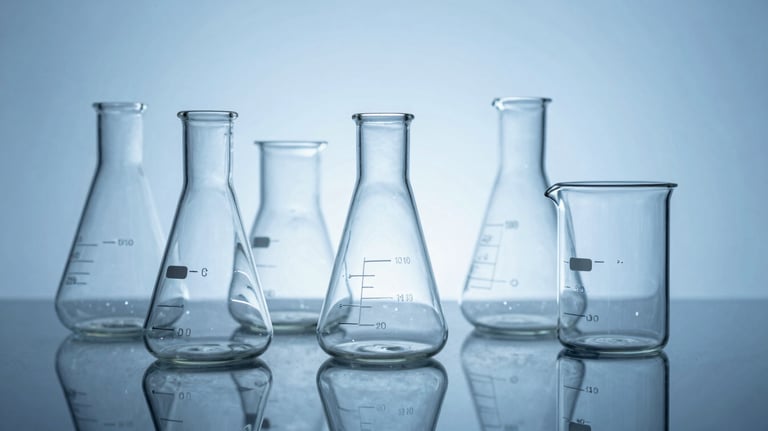 A collection of crystal-clear borosilicate laboratory flasks and beakers arranged on a reflective surface, reflecting medium blue and light blue light in a clean studio setting.