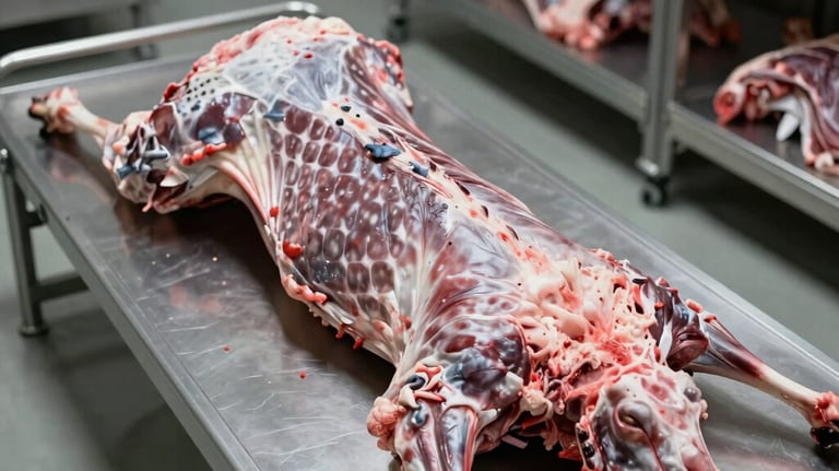 Photography of a whole lamb carcass in a state-of-the-art cold storage facility, following Middle Eastern Halal standards, clean and hygienic atmosphere.