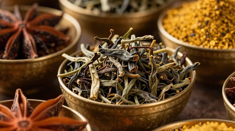 Detailed shot of loose tea leaves and aromatic Middle Eastern spices in golden bowls, rich colors and textures with a professional aesthetic.
