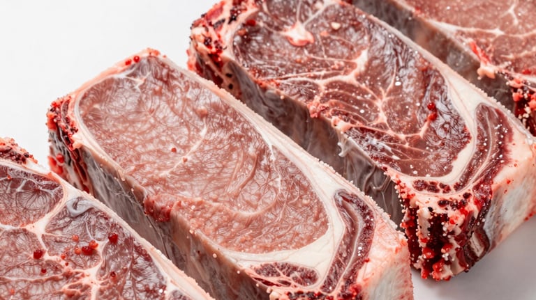 Close-up studio photography of premium frozen beef cuts, expertly butchered, displayed on a clean white surface with professional lighting, emphasizing quality and freshness.