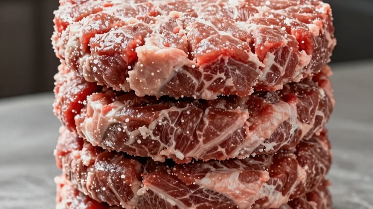 Stack of high-quality frozen beef burger patties on a professional kitchen background, highlighting the uniform shape and premium meat texture.