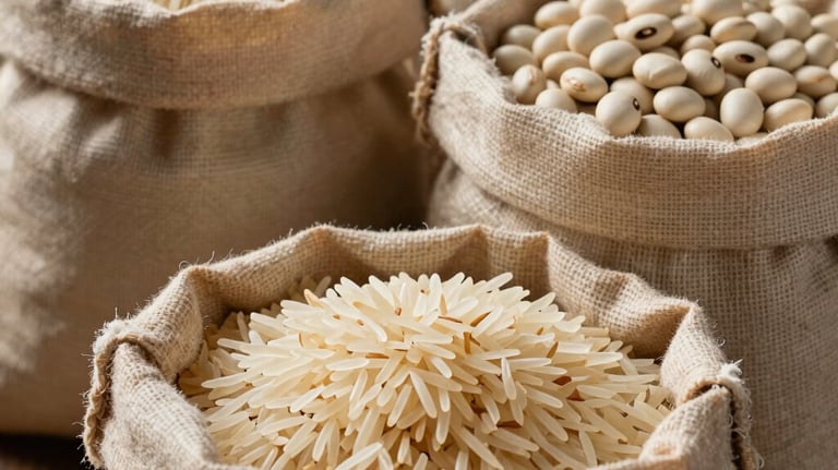 Still life photography of raw Basmati rice and white beans in elegant sacks, lit with warm side lighting, showcasing premium food textures.