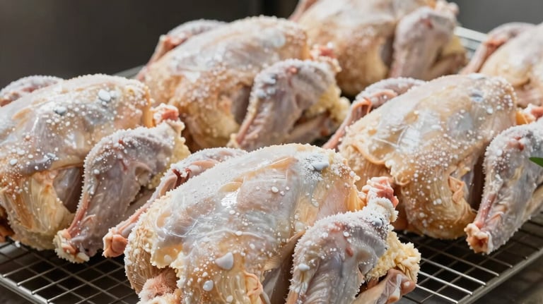 Professional photography of premium frozen whole chickens, clean packaging, arranged on a metallic cooling rack in a Middle Eastern commercial kitchen setting.