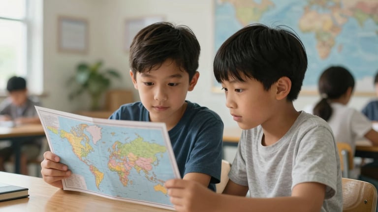 Two children looking at a world map together in a brightly lit learning space. North American / US (Georgia) educational setting, encouraging a sense of discovery.