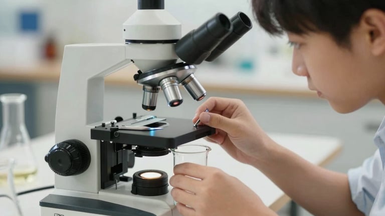A close-up of hands working on a science experiment with a microscope and beaker in a well-lit home environment in Georgia, US. Focus on curiosity and academic growth.