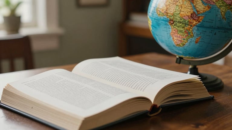 Close-up of educational textbooks and a globe on a desk, capturing a sense of academic excellence and exploration. Soft natural lighting, North American / US (Georgia) domestic setting.