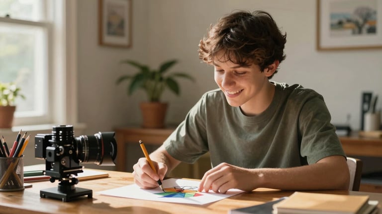 A student smiling while engaged in a creative art project at a wooden desk. Warm, supportive atmosphere in a sunlit home in Georgia, US.