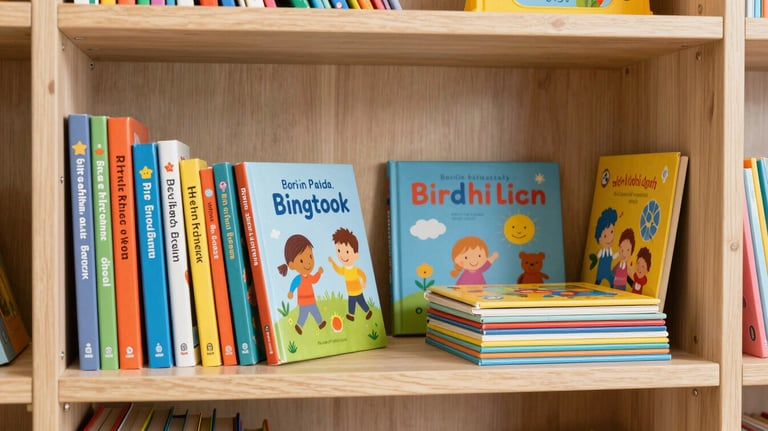 A variety of colorful children's books and educational toys arranged neatly on a light wood shelf. Clean, modern, and inspiring photography in Georgia, US.