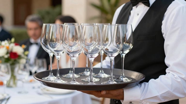 A tray of white wine glasses being carried by a server in a white shirt and black vest at a luxury event in Latin America, vibrant atmosphere.