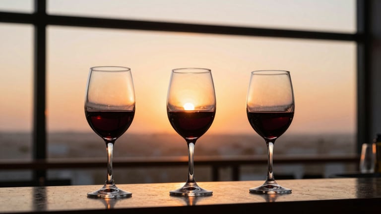 Three glasses of red wine lined up on a bar counter during a professional event, orange sunset light coming through the window of a Latin American skybar.