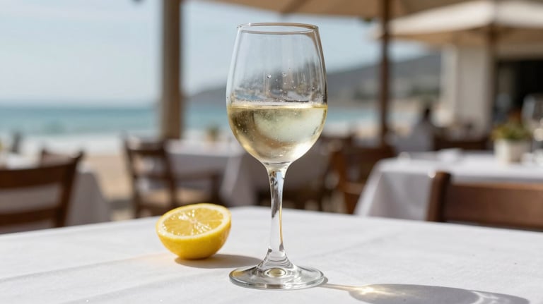 A glass of crisp white wine on a white tablecloth, a slice of lemon nearby, bright midday light in a Latin American seaside bistro.