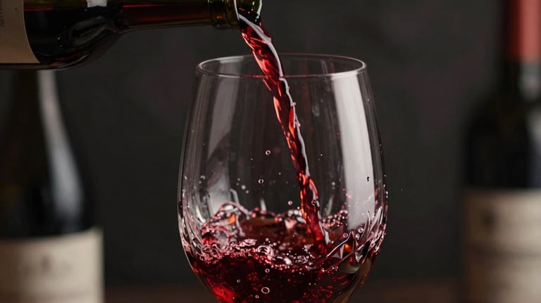 Close up of red wine being poured into a large crystal glass, dynamic splash, dark background with orange light highlights.