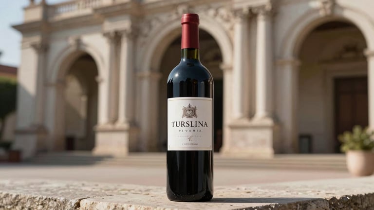 A bottle of premium red wine standing on a stone surface, natural sunlight creating soft shadows, sophisticated Latin American architecture in the background.