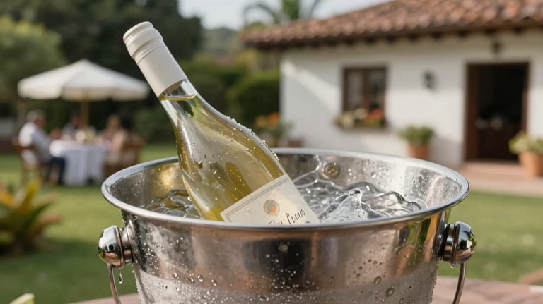 A bottle of chilled white wine in a silver ice bucket, condensation visible, set at a high-end outdoor garden party in a Latin American residence.
