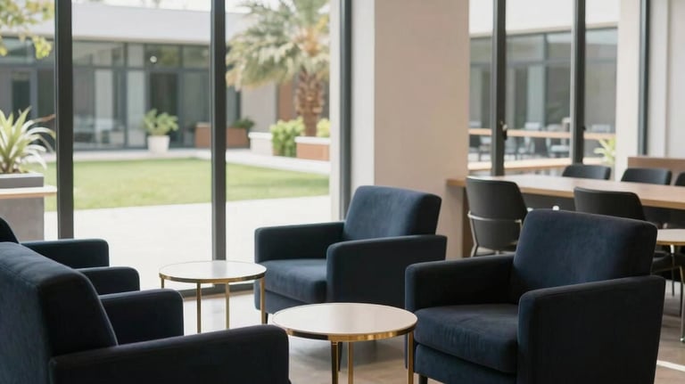 A photograph of a modern and stylish student common room at a Cyprus institute. The space features dark navy armchairs, gold-trimmed side tables, and large windows looking out onto a sun-drenched courtyard.