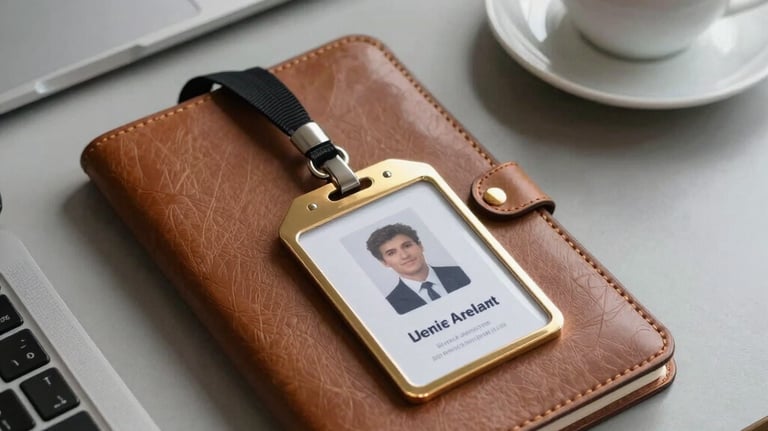 A high-end photograph of a student's workspace featuring a minimalist desk, a leather-bound notebook, and a coffee cup. A professional student ID card with gold accents is placed neatly on the table. Sophisticated Mediterranean office vibe.