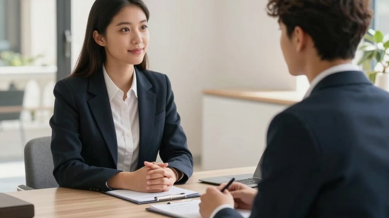 A professional photograph of a one-on-one meeting between a career advisor and a student in a bright, modern office. Both are dressed in business attire. The environment is clean and sophisticated, with Mediterranean architectural details visible.
