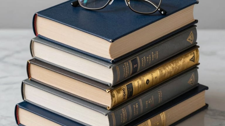 A high-quality still life photograph of several hardcover academic textbooks stacked on a marble surface. The books are in shades of navy, grey, and gold. A pair of elegant spectacles rests on top of the stack.
