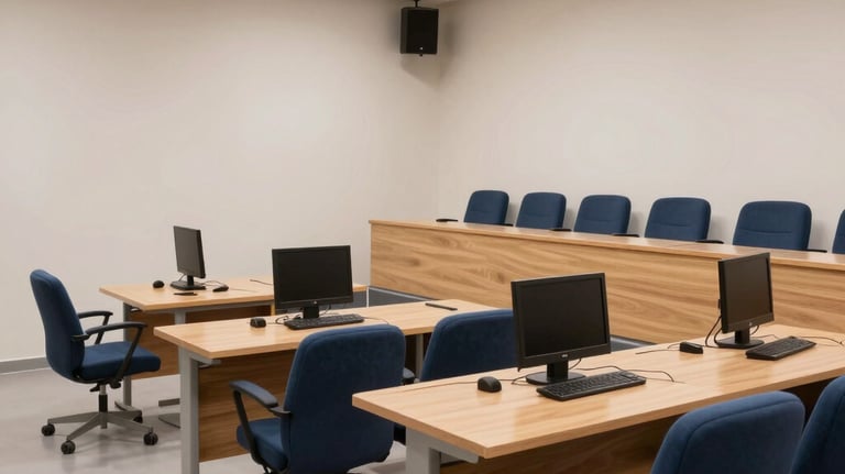 A photograph of a modern lecture hall at Smart Institute Cyprus. The room is equipped with ergonomic seating in navy blue, light wood desks, and advanced audio-visual equipment. The design is minimal and premium.