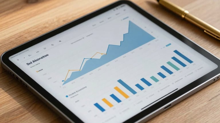 A close-up photograph of a professional digital tablet lying on a wooden desk next to a gold pen. The screen displays a clean, modern academic dashboard with graphs and charts. Cypriot morning light creates soft shadows across the desk.