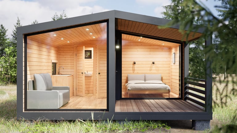 a small cabin with a bed and a couch