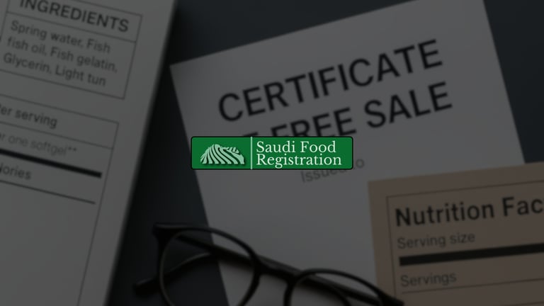 Certificate of Free Sale on desk with glasses, symbolizing SFDA CFS approval and Saudi Food Registration services.