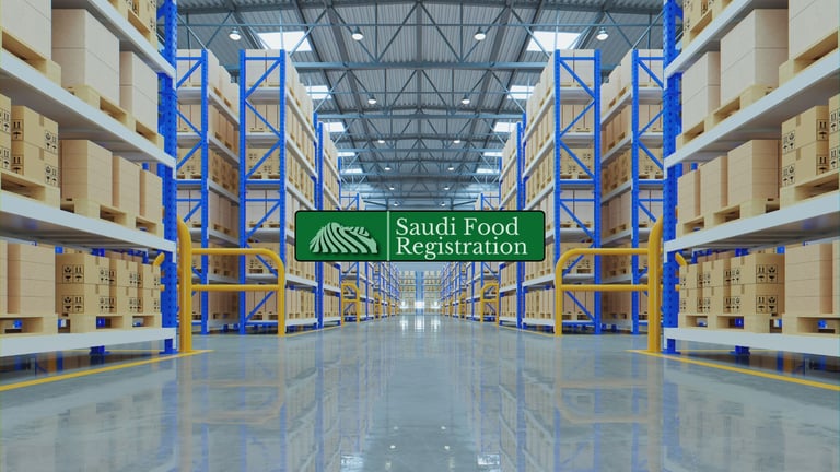 Saudi Food Registration logo with food warehouse background