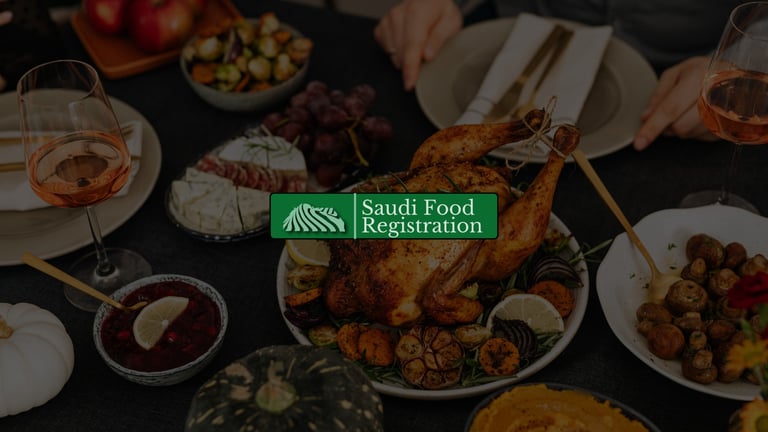 Seasonal food spread with roasted chicken, sides, and drinks symbolizing SFDA seasonal foods and compliance in Saudi Arabia.