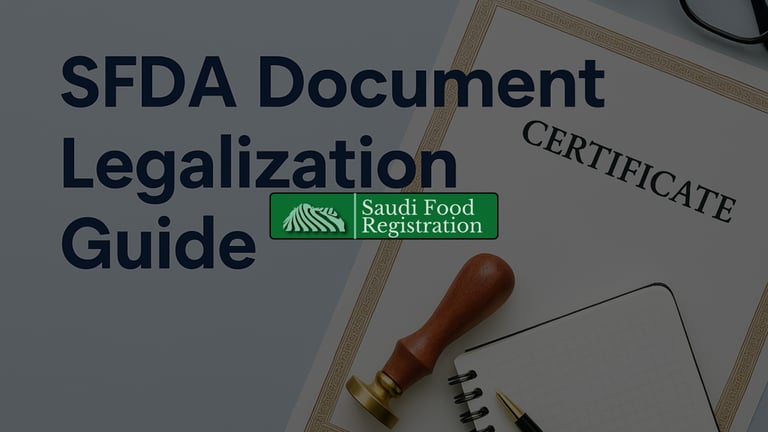 Official document with seal stamp, featuring the title ‘SFDA Document Legalization Guide’ and Saudi Food Registration logo.