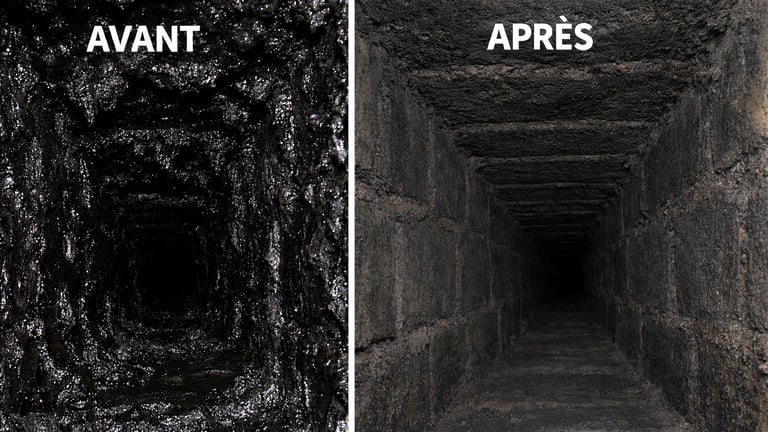 Bistre dans un conduit de cheminée avant-après débistrage professionnel