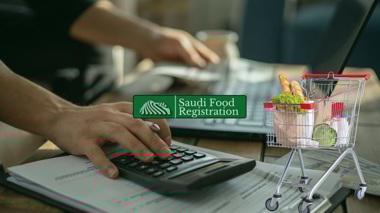 Saudi Food Registration Logo with background of calculator and shopping cart with food products