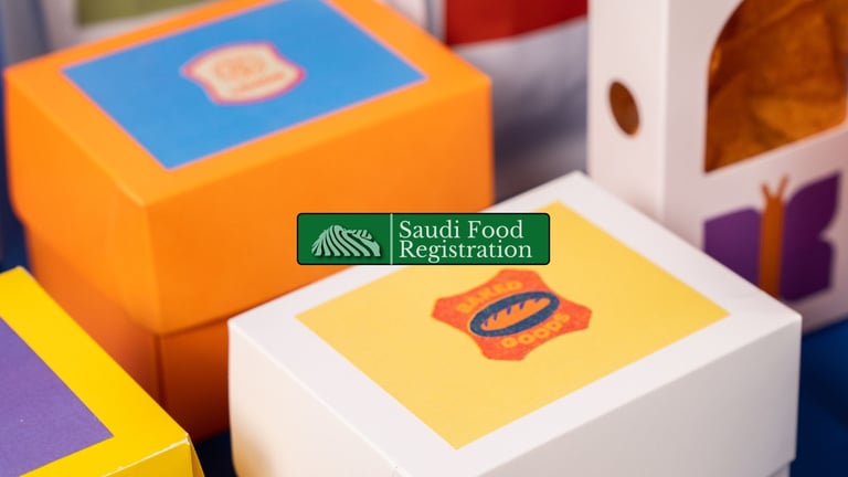 Saudi Food Registration Logo with Packaged goods as background for SASO Certification