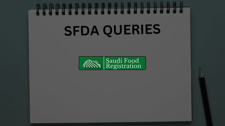 Open notebook labeled “SFDA Queries” with space for regulatory notes, representing SFDA clarification review.