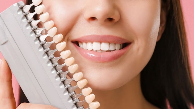 A smiling woman holding a tooth shade comparison model next to her mouth.