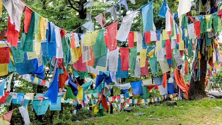 Colorful prayer flags Dharamkot village mini Israel Himachal.