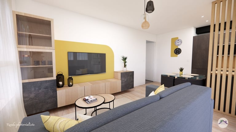 Salon moderne mobilier noir et bois et peinture jaune