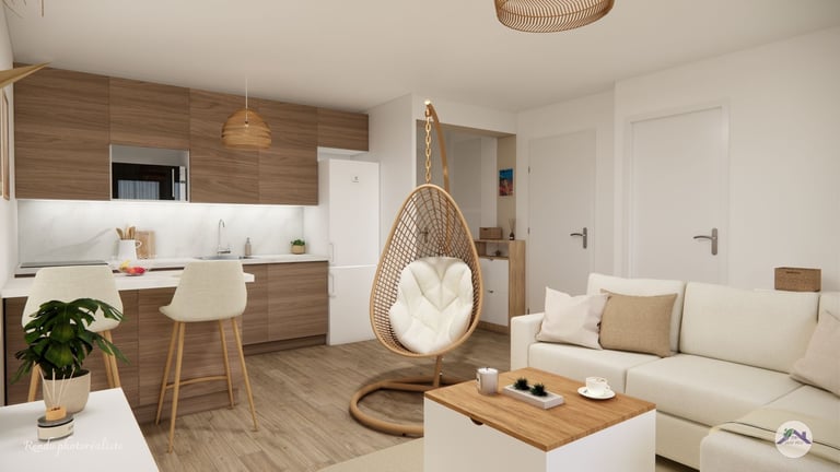 Aménagement cuisine en bois avec mange debout