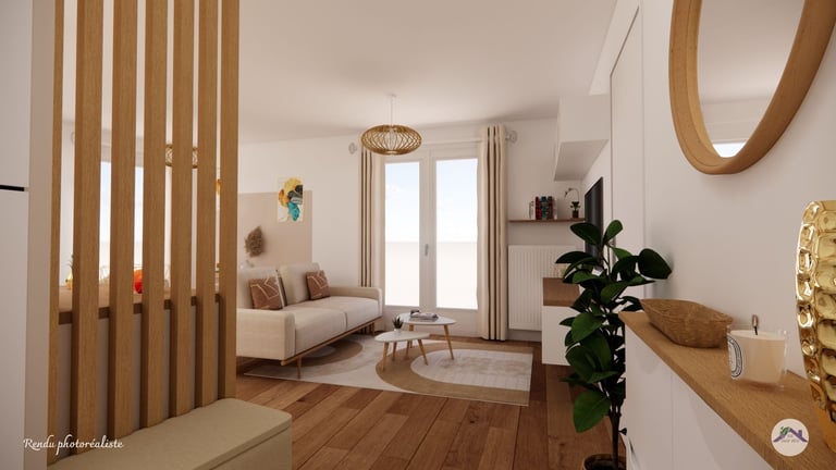 Aménagement entrée et salon moderne couleur neutre canapé beige 