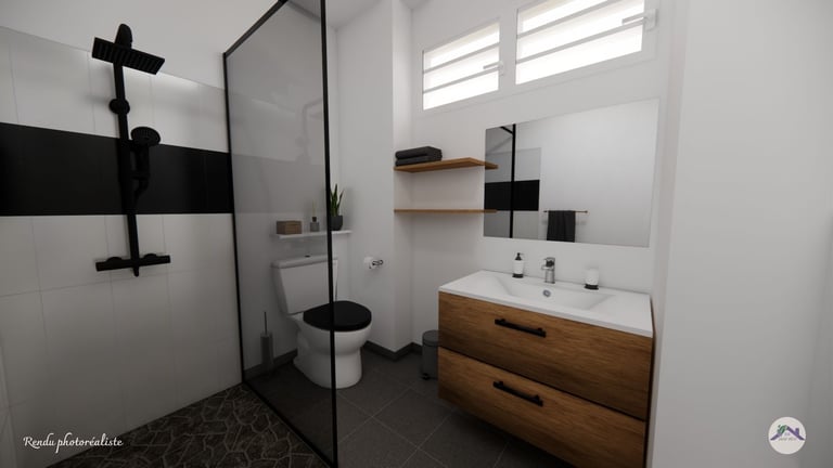 Salle d'eau sol carrelé gris anthracite et mobilier bois avec étagère de rangement