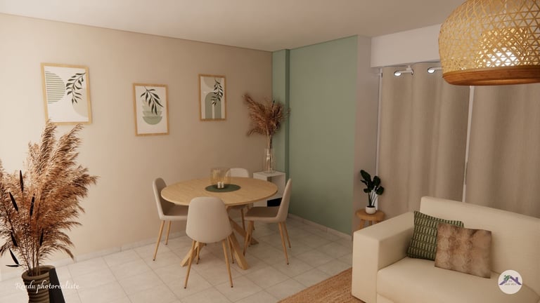 Espace salle à manger couleur beige et vert