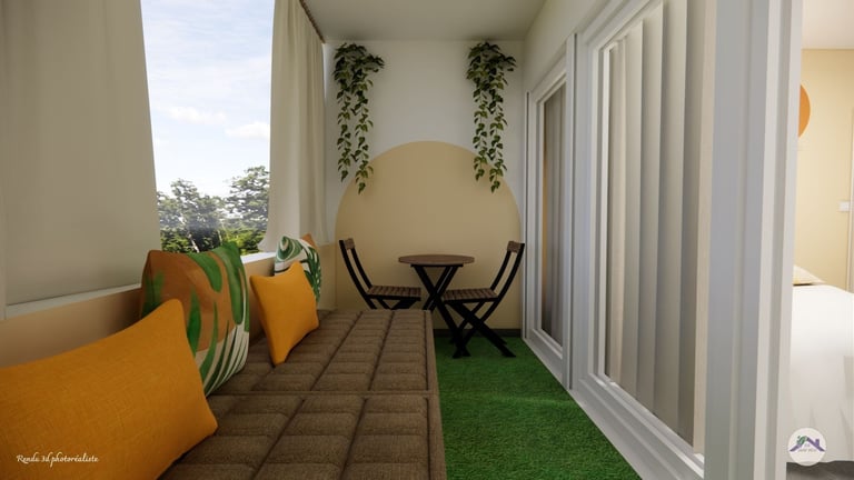 Balcon aménagé avec une assise en palette teintes colorées, style exotique et un espace repas