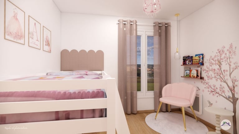 Chambre enfant ambiance princesse, camaïeu de rose