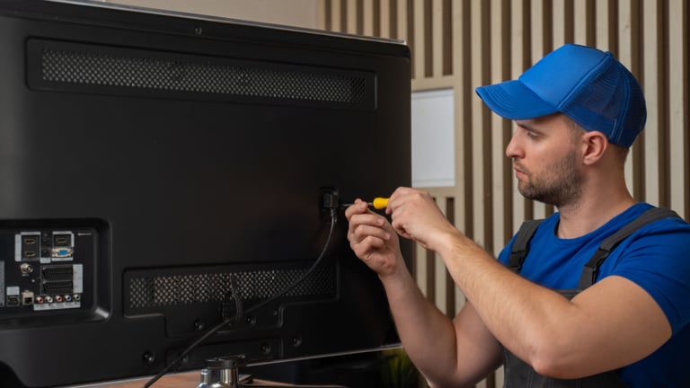 a man in a blue shirt and a blue hat is holding a screwr and