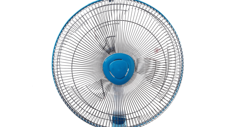a fan on a white background with a blue fan